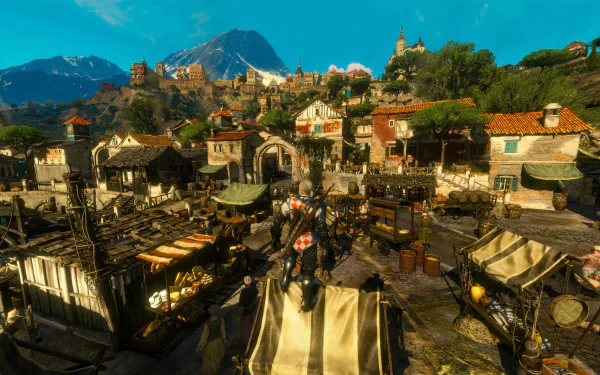 Geralt of Rivia stands in a vibrant marketplace from The Witcher 3: Wild Hunt - Blood and Wine, captured in 8K Ultra HD as a PC desktop wallpaper.