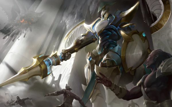 HD desktop wallpaper featuring Hecarim, an armored warrior from the video game League of Legends, depicted in an intense battle scene with other characters.