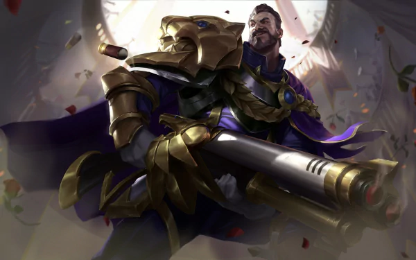 HD desktop wallpaper featuring Graves from League of Legends in detailed armor wielding a large gun, showcasing a powerful warrior from the video game.