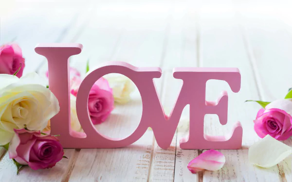 A 4K Ultra HD desktop wallpaper featuring pink LOVE letters surrounded by white and pink rose petals on a wooden surface, creating an artistic and romantic scene.