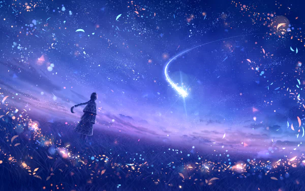 A dazzling HD night scene of a fantasy world in anime style. The image features a character gazing at a brilliant shooting star, surrounded by glowing plants and magical sparkles.