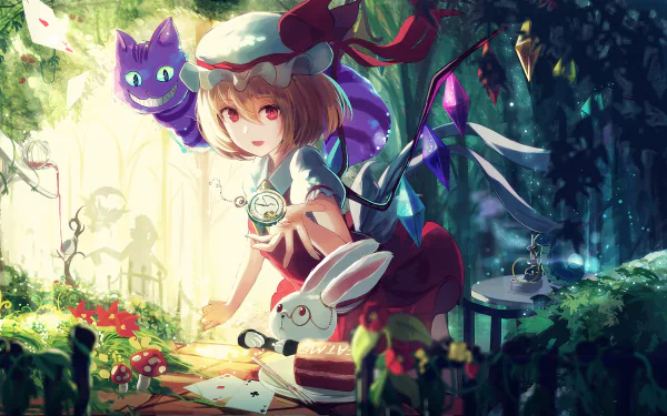 HD PC desktop wallpaper featuring Flandre Scarlet from the anime Touhou, depicted in a vibrant, magical forest setting with whimsical creatures and glowing light effects.