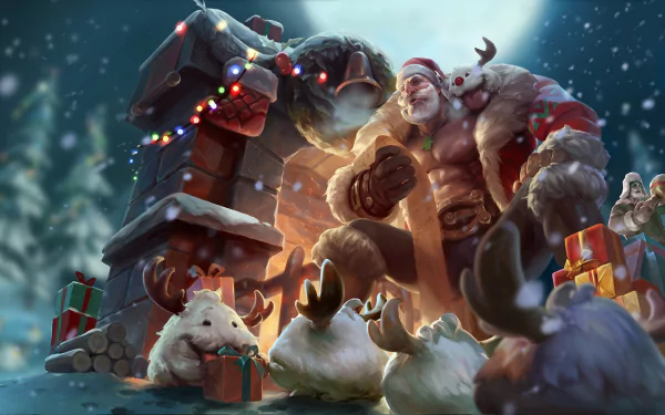 HD PC desktop wallpaper featuring Braum from League of Legends in a festive Christmas scene with creatures and gifts, blending holiday cheer with the video game world.