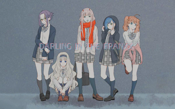 HD desktop wallpaper featuring characters Kokoro, Ikuno, Miku, Ichigo, and Zero Two from the anime Darling in the FranXX, standing together in school uniforms with the title DARLING IN THE FRANXX above them.