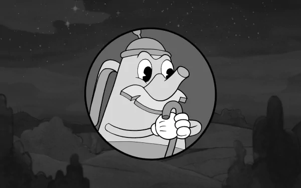 Elder Kettle from the video game Cuphead featured in a high-definition PC desktop wallpaper with a classic black-and-white animation style.