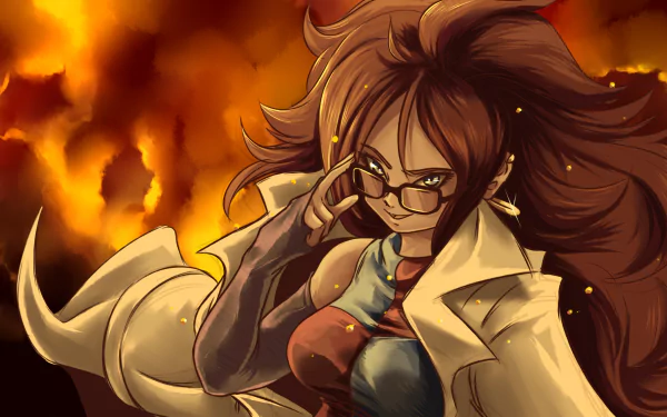HD PC desktop wallpaper featuring Android 21 from Dragon Ball FighterZ, showcasing her adjusting glasses with a fiery background.