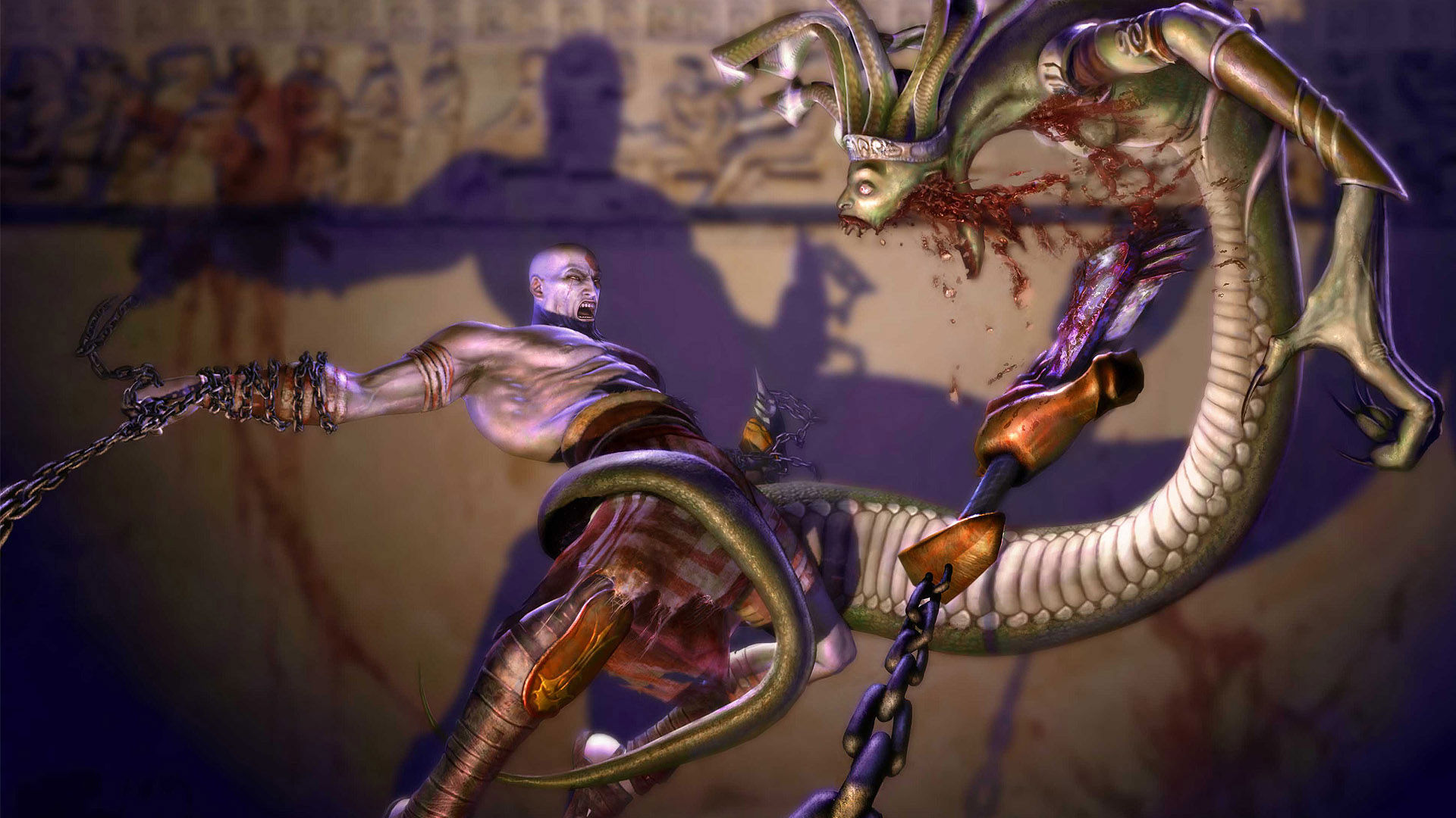 Kratos from God of War facing Medusa in an epic battle.
