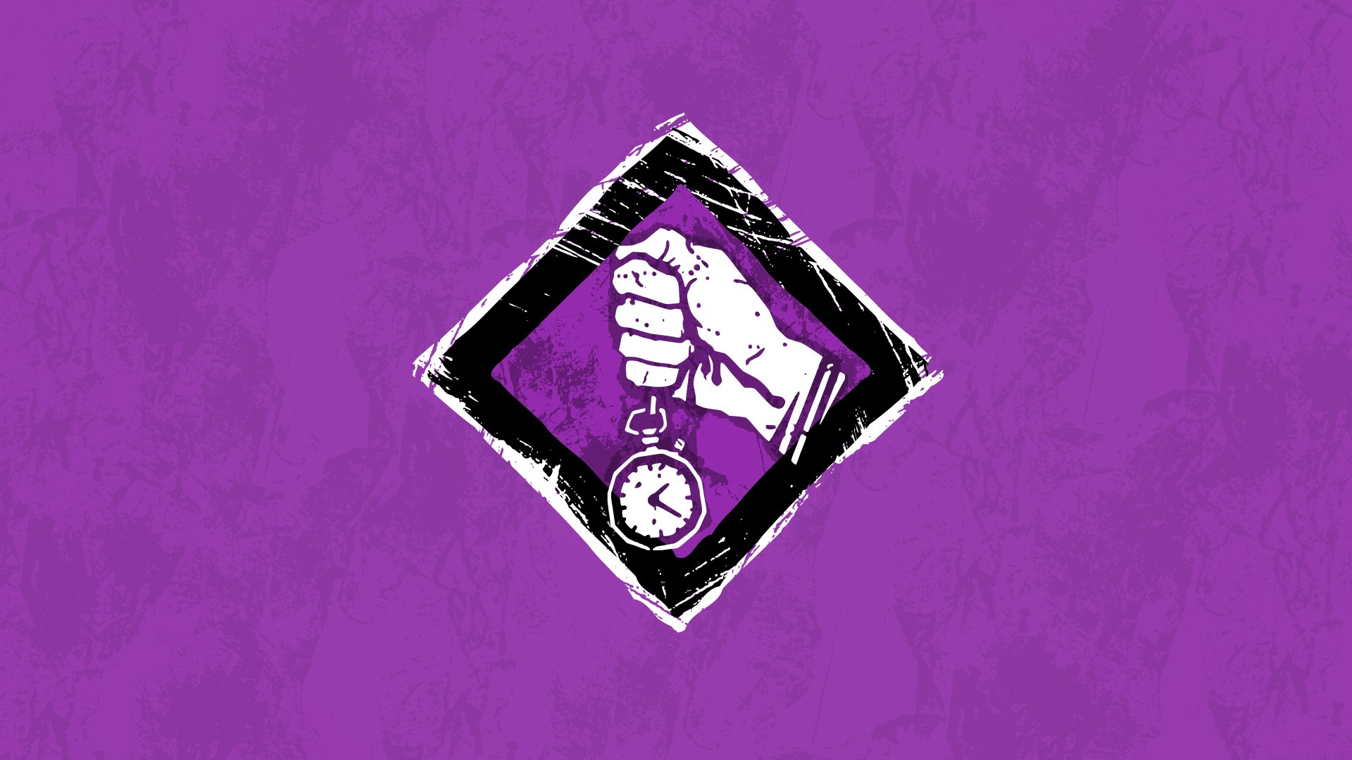 A hand gripping a watch symbol from Dead By Daylight's Borrowed Time perk, set against a purple scratched background in 8K Ultra HD resolution.