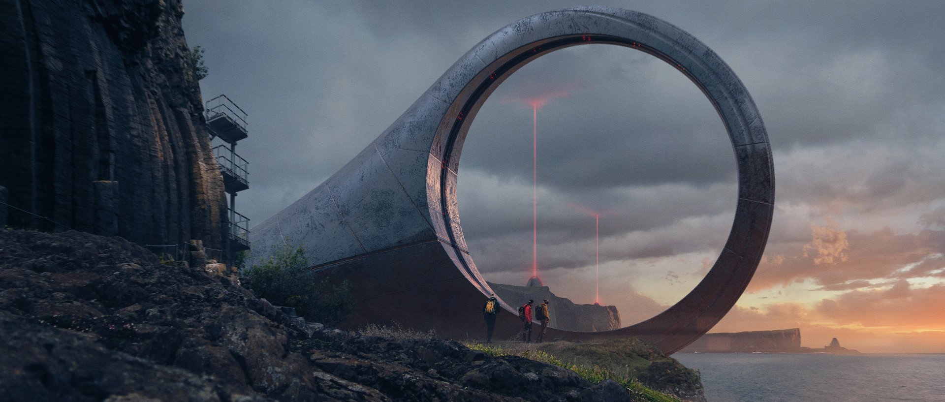 Sci-fi HD desktop wallpaper depicting a massive circular structure on a rugged coast with red beams extending into the cloudy sky beside industrial buildings.