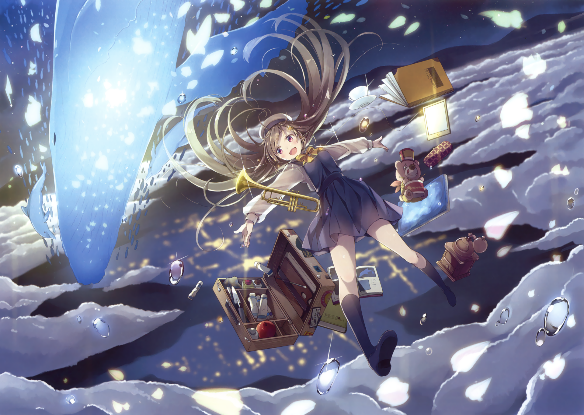 HD PC desktop wallpaper of an anime girl with flowing hair and a lantern, surrounded by floating objects and glowing particles in a dynamic, magical scene.