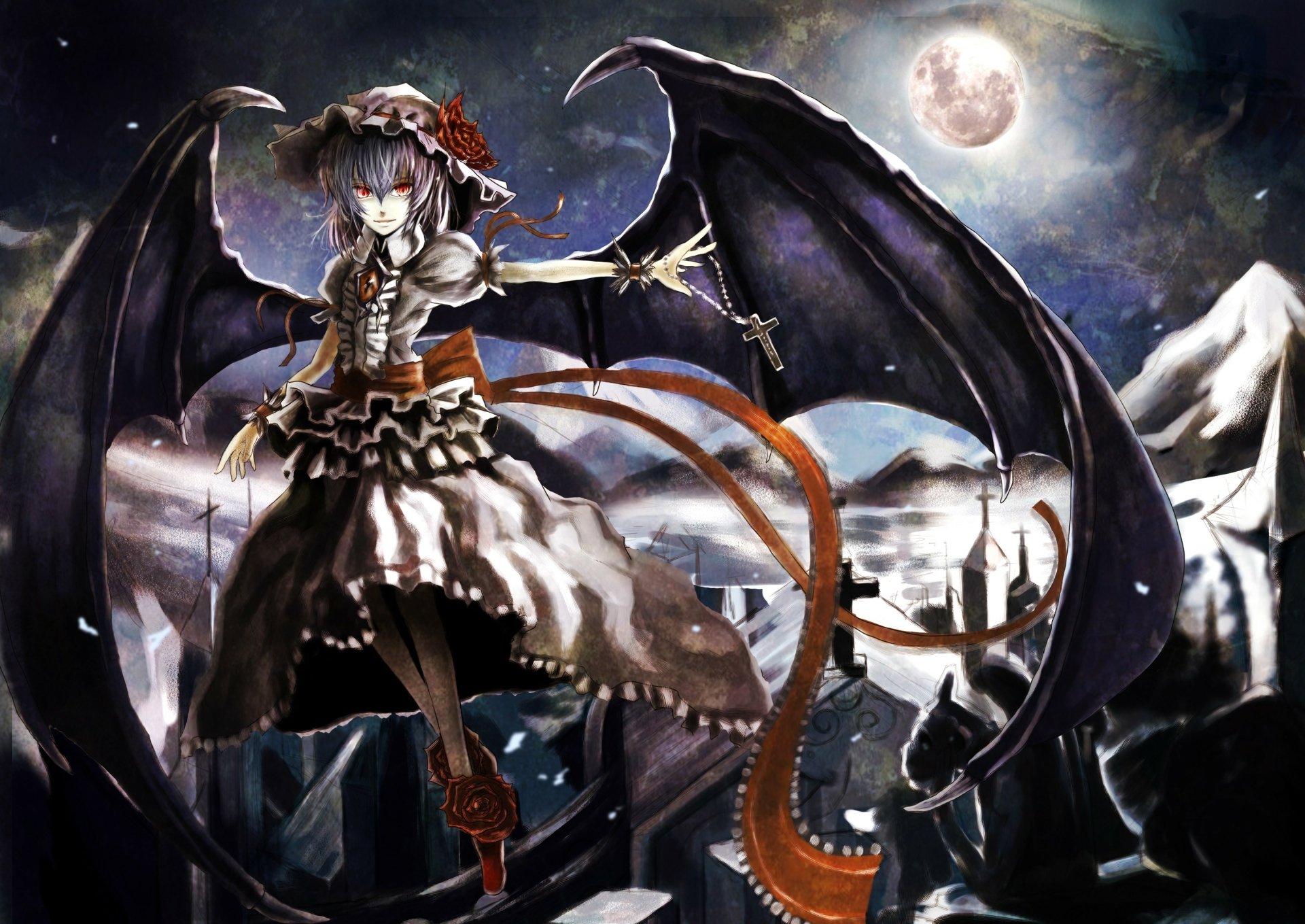 Remilia Scarlet (Touhou) anime 2K Quad HD PC desktop wallpaper: vampire girl with bat wings and frilly dress hovering over a moonlit gothic castle.