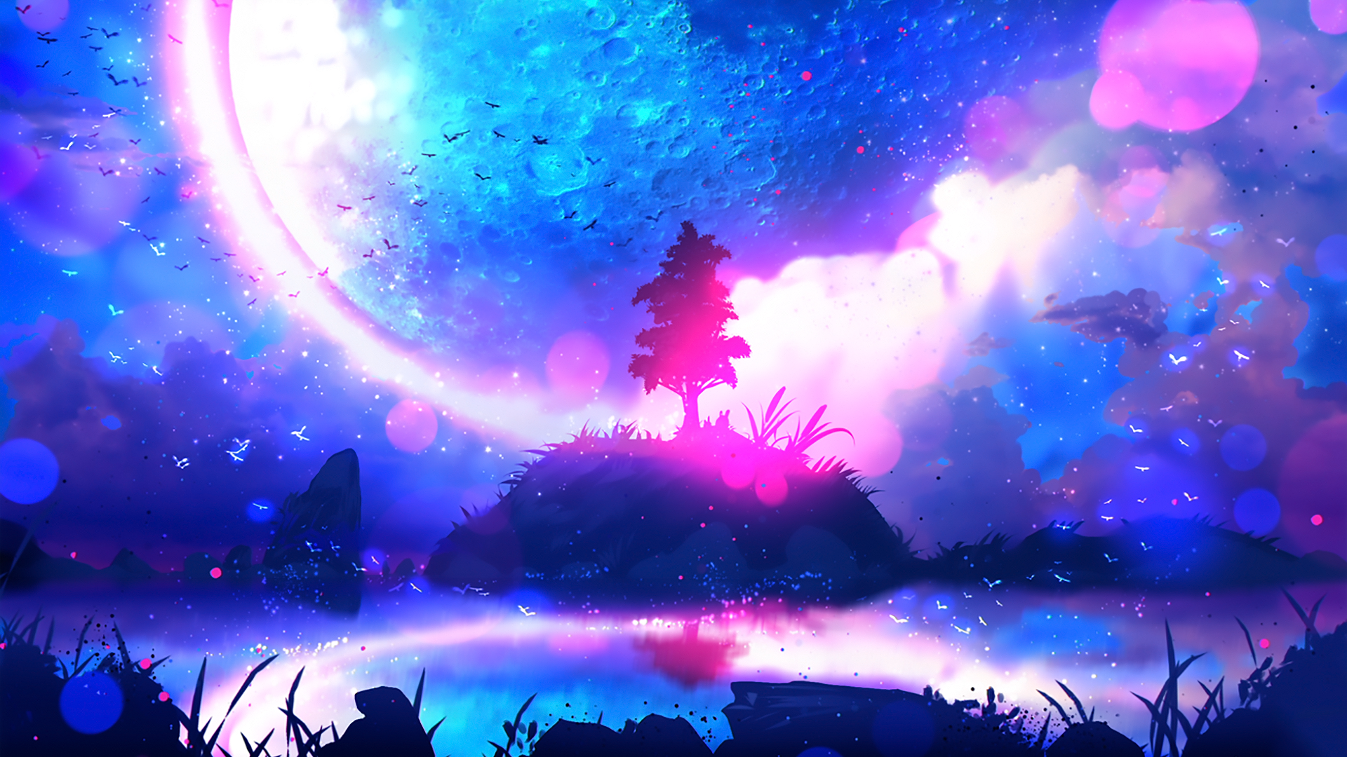 HD fantasy landscape desktop wallpaper featuring a lone tree on a small island surrounded by a vibrant, colorful sky with a large moon and ethereal light effects.