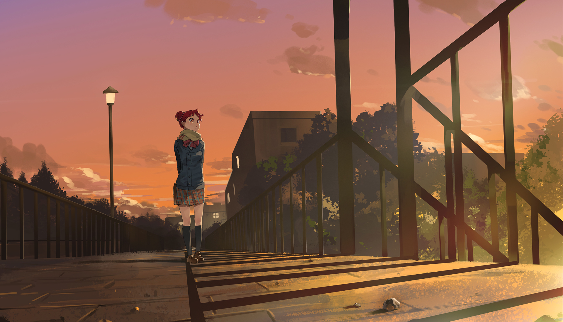 HD anime desktop wallpaper featuring a character from Ojamajo Doremi standing on a bridge at sunset with warm, vivid sky tones and detailed urban surroundings.