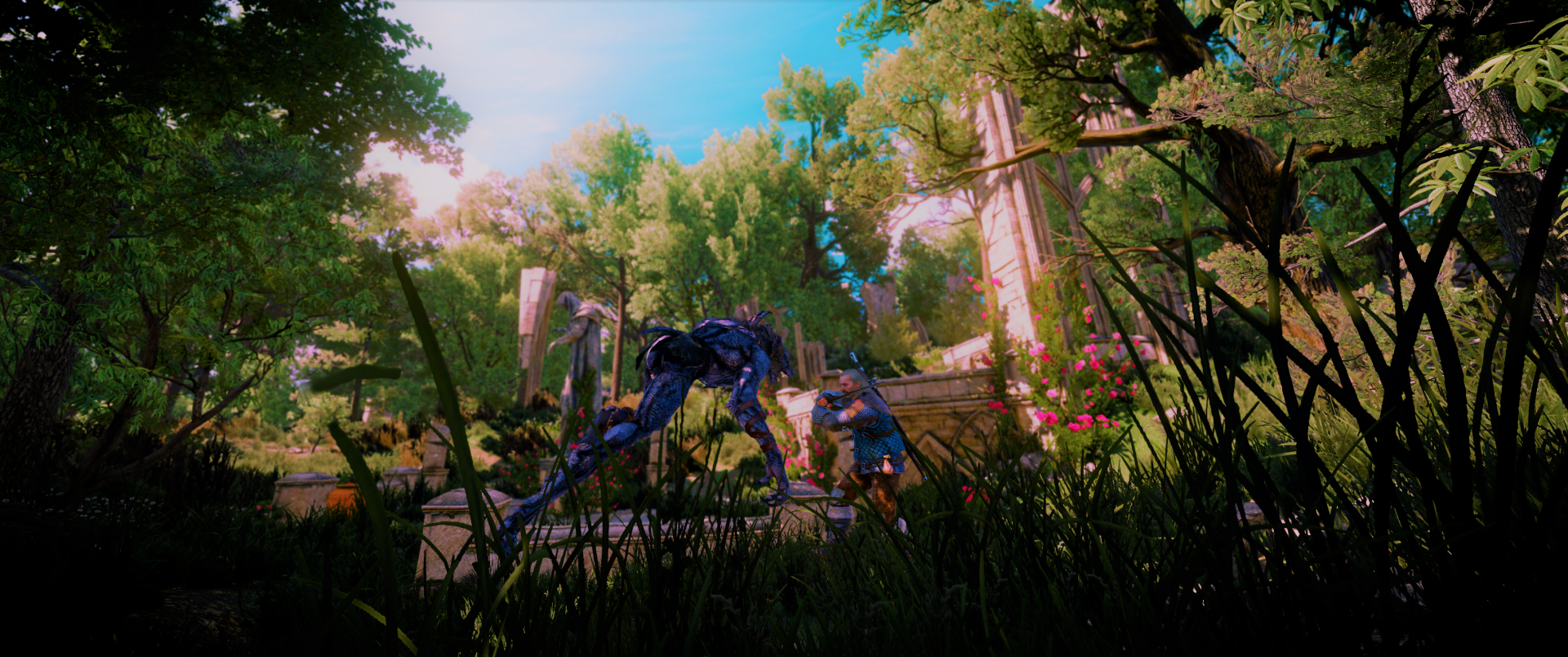 HD PC desktop wallpaper from The Witcher 3: Wild Hunt - Blood and Wine, featuring a fantasy forest scene with detailed foliage and a creature in vibrant colors.