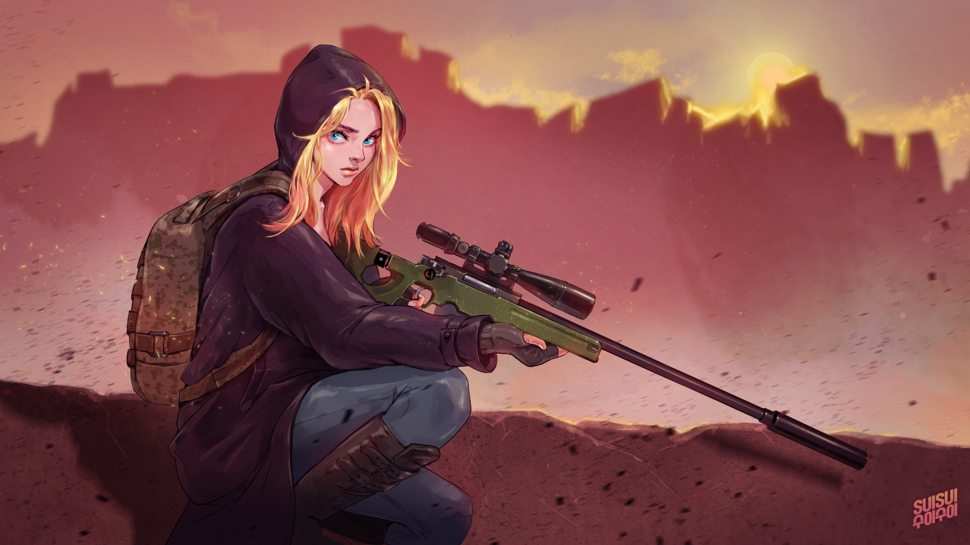 A HD desktop wallpaper featuring an anime-style character from PlayerUnknown's Battlegrounds with a sniper rifle against a backdrop of a sunset and ruins.