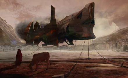 A sci-fi spaceship hovers over a rugged alien landscape at dusk, captured in stunning 4K Ultra HD detail for a PC desktop wallpaper.