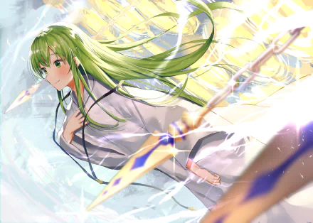 HD wallpaper of the anime character Enkidu from Fate/Grand Order, featuring green eyes and long green hair, depicted in dynamic action with vibrant, glowing elements in the background.