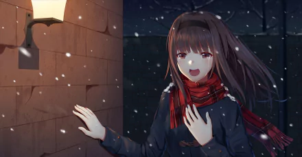 HD anime-style original desktop wallpaper depicting a girl in a red scarf smiling warmly against a snowy nighttime backdrop near a softly glowing lamp.