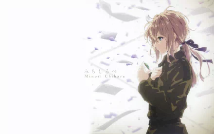 HD desktop wallpaper featuring the anime character Violet Evergarden from Violet Evergarden, standing with letters floating around her, and a light background with the text Minori Chihara.