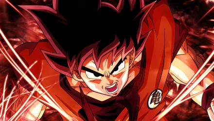 HD anime desktop wallpaper featuring Goku from Dragon Ball Super in an intense, action-packed pose with dynamic red and black energy effects.
