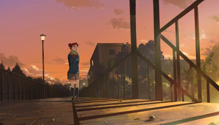 HD anime desktop wallpaper featuring a character from Ojamajo Doremi standing on a bridge at sunset with warm, vivid sky tones and detailed urban surroundings.