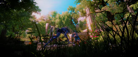 HD PC desktop wallpaper from The Witcher 3: Wild Hunt - Blood and Wine, featuring a fantasy forest scene with detailed foliage and a creature in vibrant colors.