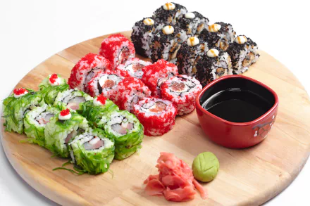 A vibrant 4K Ultra HD wallpaper featuring assorted sushi rolls with seafood, rice, fish, soy sauce, wasabi, and pickled ginger on a wooden platter.