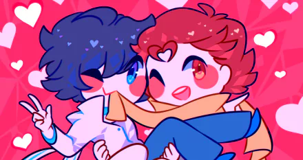 Chibi-style Daichi Shijima and Hibiki Kuze from Devil Survivor 2 the Animation share a cheerful moment against a vibrant pink heart-filled background, rendered in 8K Ultra HD.