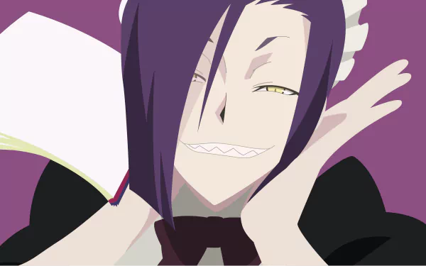 Minimalist anime wallpaper of Magane Chikujoin from Re:Creators, stylized close-up with mischievous grin, purple hair and lavender background — 2K Quad HD PC desktop wallpaper/background.