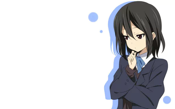HD desktop wallpaper featuring Himeko Inaba from the anime Kokoro Connect, dressed in a dark school uniform with a pensive expression, standing against a white background with blue accent dots.