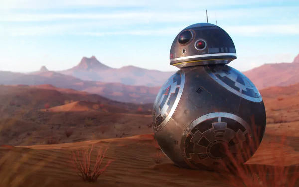 A high-definition Star Wars wallpaper featuring a BB-series droid navigating a barren desert landscape with distant mountains under a clear blue sky.