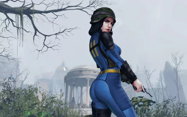 The Sole Survivor from Fallout 4 stands in a post-apocalyptic setting, wearing a blue Vault suit with the number 111, set against a misty, desolate backdrop.