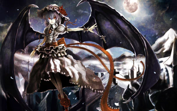 Remilia Scarlet (Touhou) anime 2K Quad HD PC desktop wallpaper: vampire girl with bat wings and frilly dress hovering over a moonlit gothic castle.