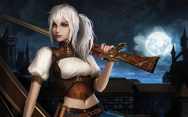Fantasy Women Warrior Woman Warrior White Hair Ponytail Gun Night Moon Orange Eyes HD Wallpaper | Background Image