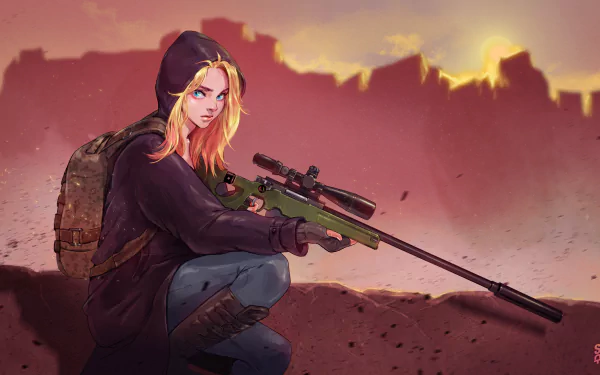 A HD desktop wallpaper featuring an anime-style character from PlayerUnknown's Battlegrounds with a sniper rifle against a backdrop of a sunset and ruins.