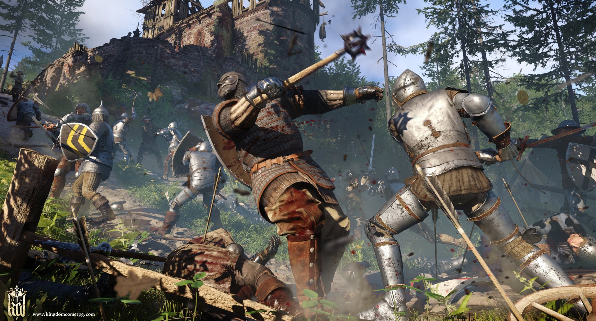 HD PC desktop wallpaper featuring an intense medieval battle scene from the video game Kingdom Come: Deliverance, showcasing armored knights clashing near a castle.
