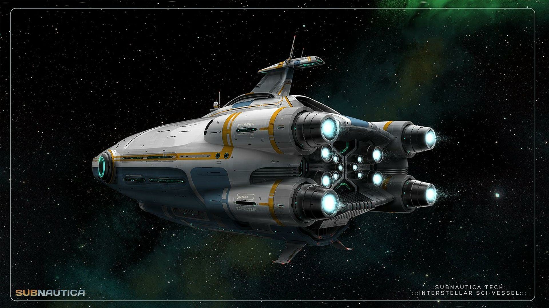 HD PC desktop wallpaper from the video game Subnautica showing a sleek spaceship with glowing thrusters floating in outer space.