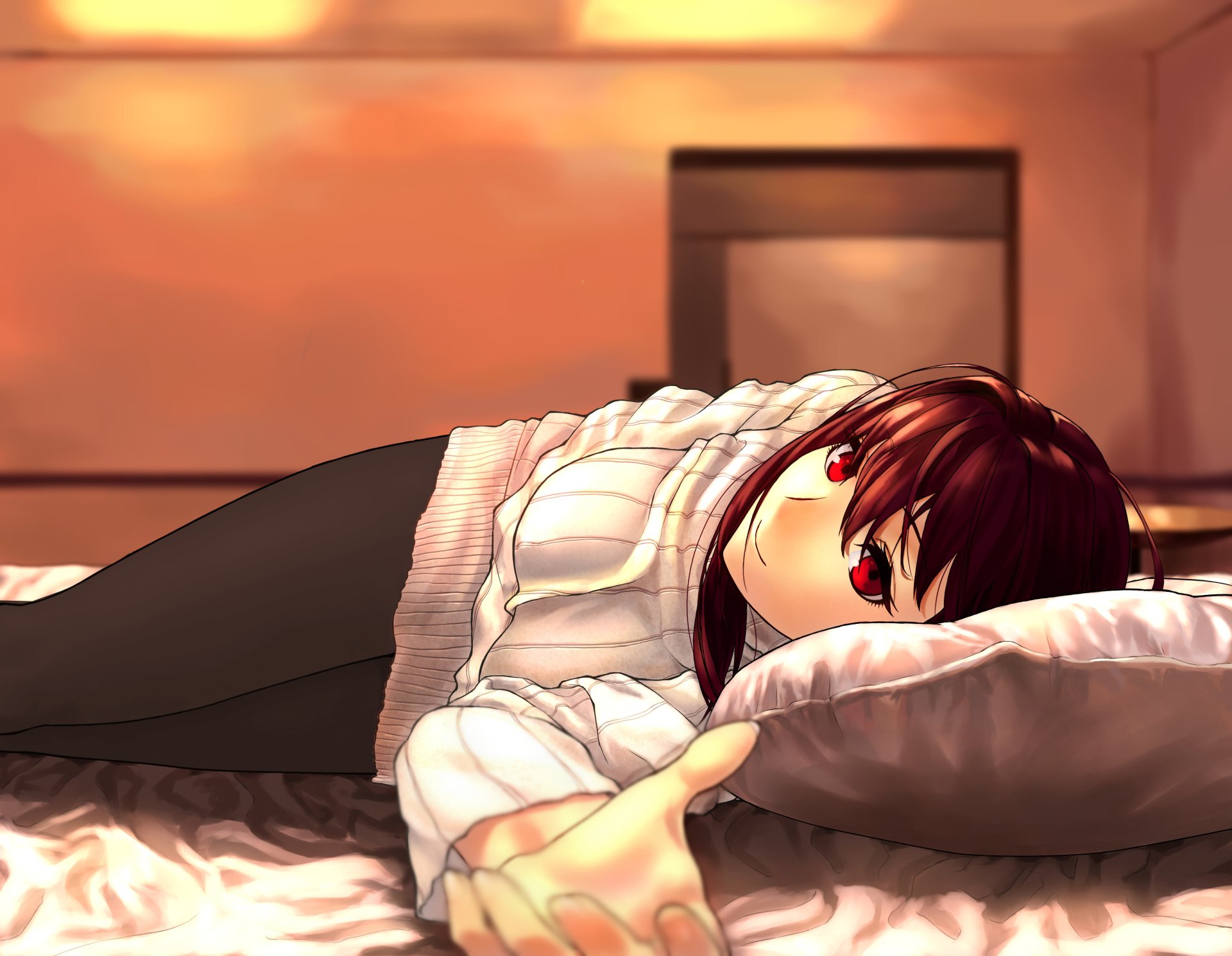 A captivating HD desktop wallpaper featuring Scathach from Fate/Grand Order, portrayed with striking red eyes, lounging on a bed in a warm, inviting atmosphere.