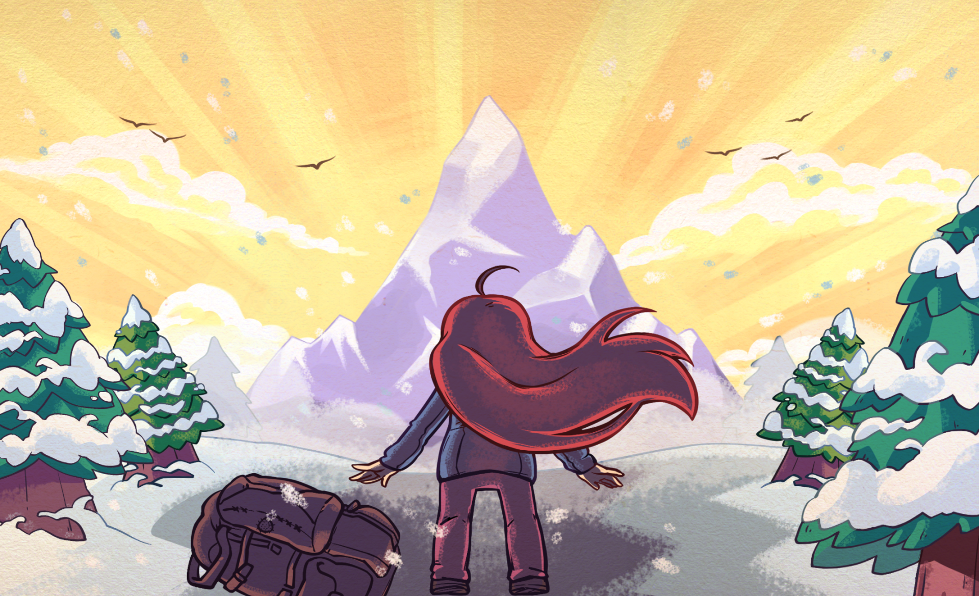 HD desktop wallpaper of Celeste game character standing before a mountain, with a vibrant sunrise and snowy landscape.