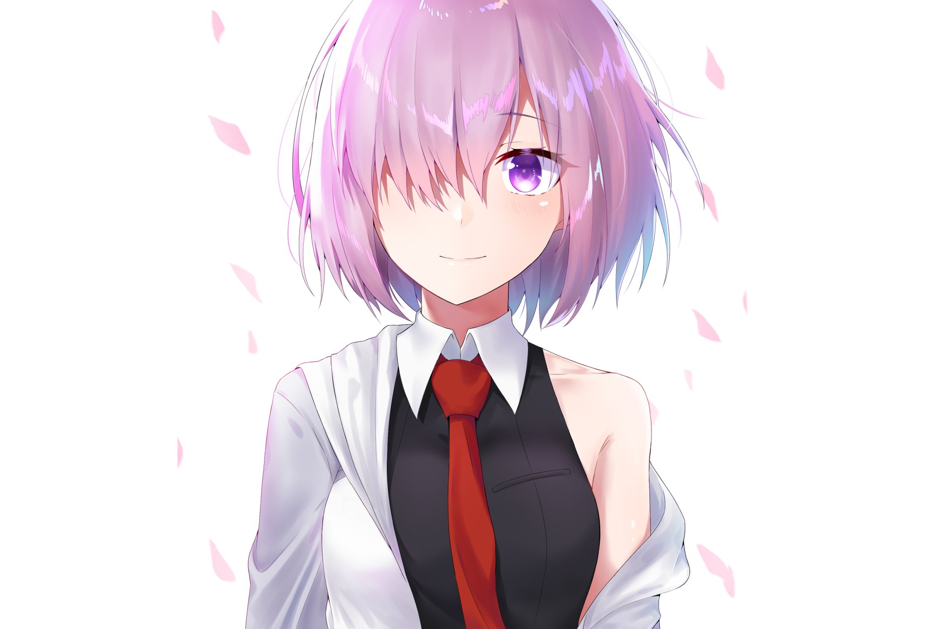 HD PC desktop wallpaper featuring Mashu Kyrielight from the anime Fate/Grand Order with soft pink petals falling around her.