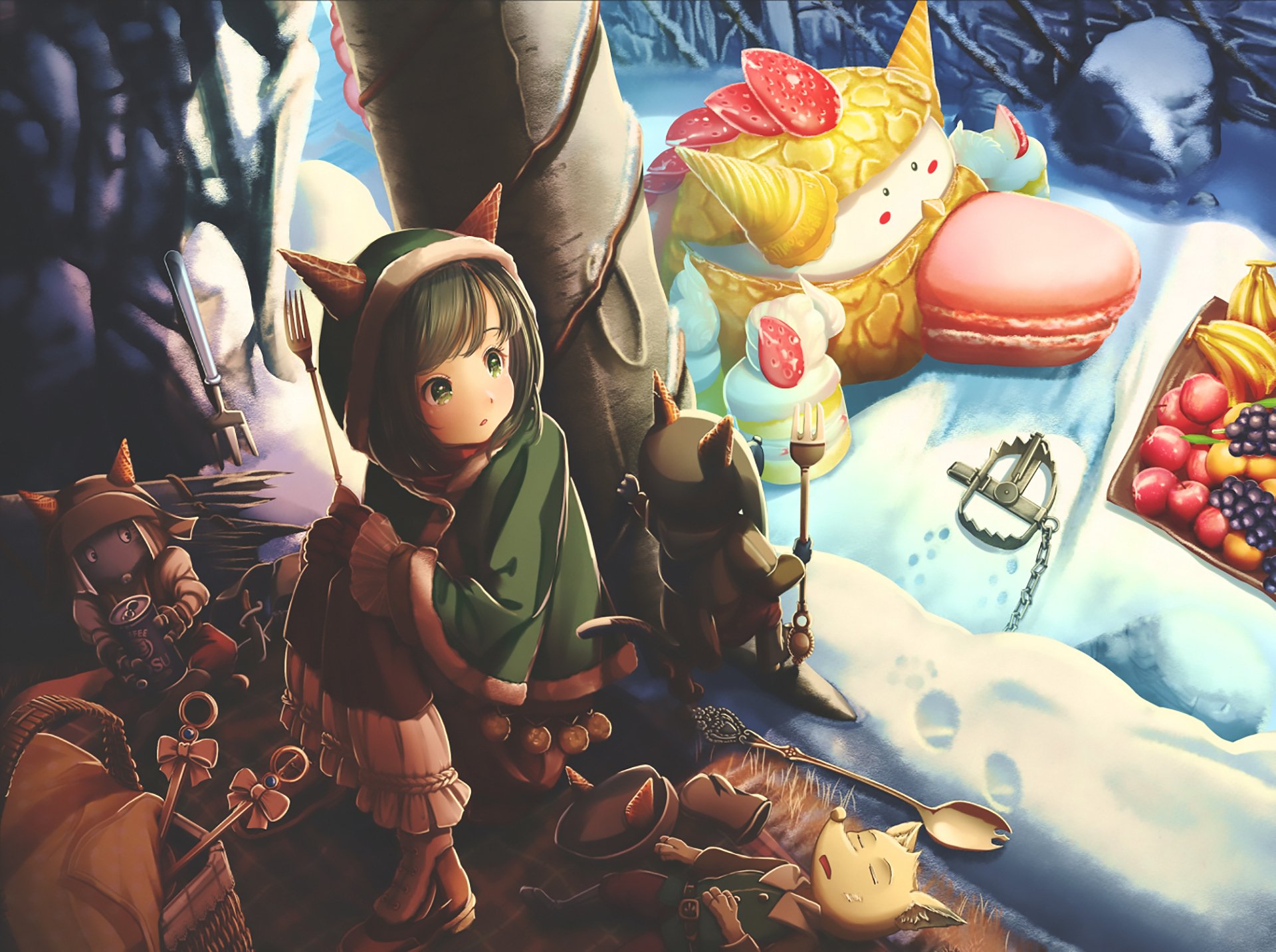 Anime-style original HD desktop wallpaper featuring a young character with animal ears sitting among whimsical oversized desserts and magical forest elements.