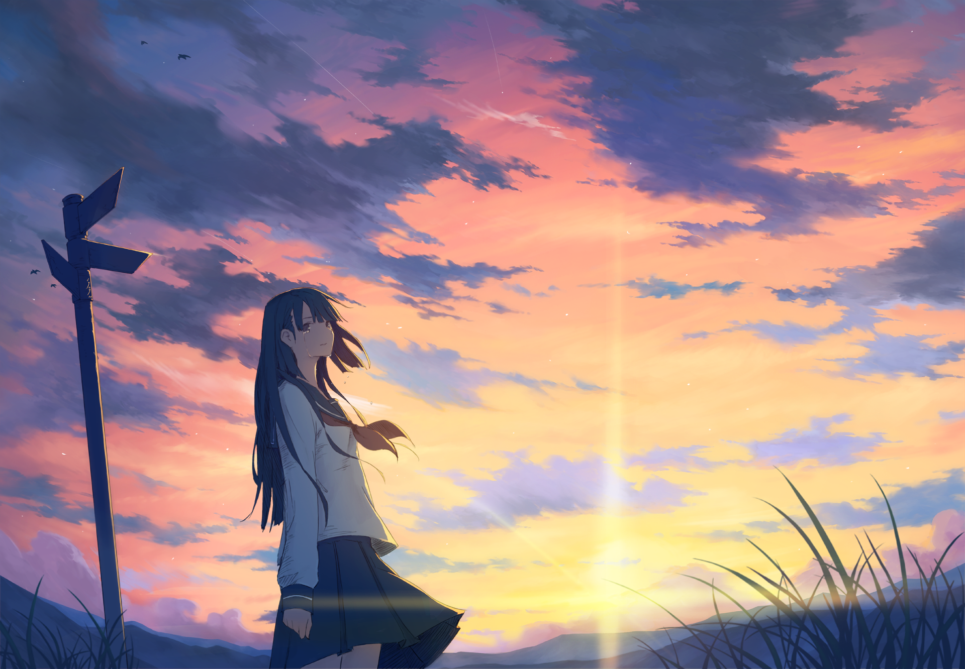 Anime-style original HD desktop wallpaper featuring a serene sunset, a girl with long hair standing by a signpost, with warm and vibrant skies.