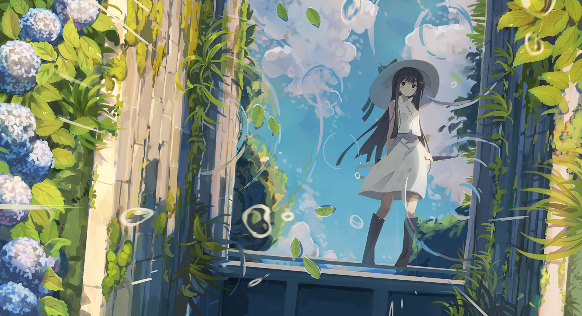 HD wallpaper of an original anime scene depicting a girl in a hat and dress standing amidst walls covered in foliage, with a bright blue sky and floating leaves in the background.