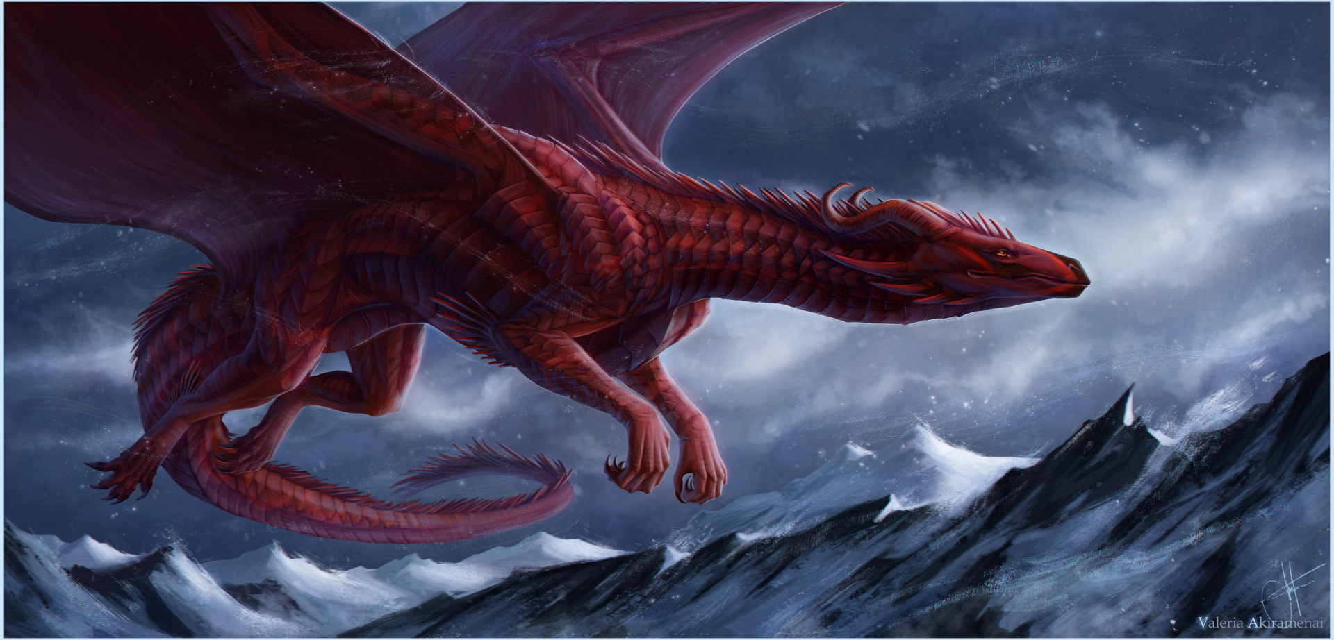 HD desktop wallpaper featuring a majestic red dragon soaring over a rugged, snow-covered mountain landscape, enveloped in an aura of fantasy and adventure.