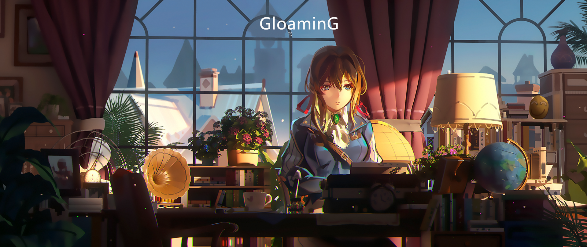 Violet Evergarden sits at a desk in a beautifully lit room filled with plants and decor, capturing a serene moment in this HD anime wallpaper.