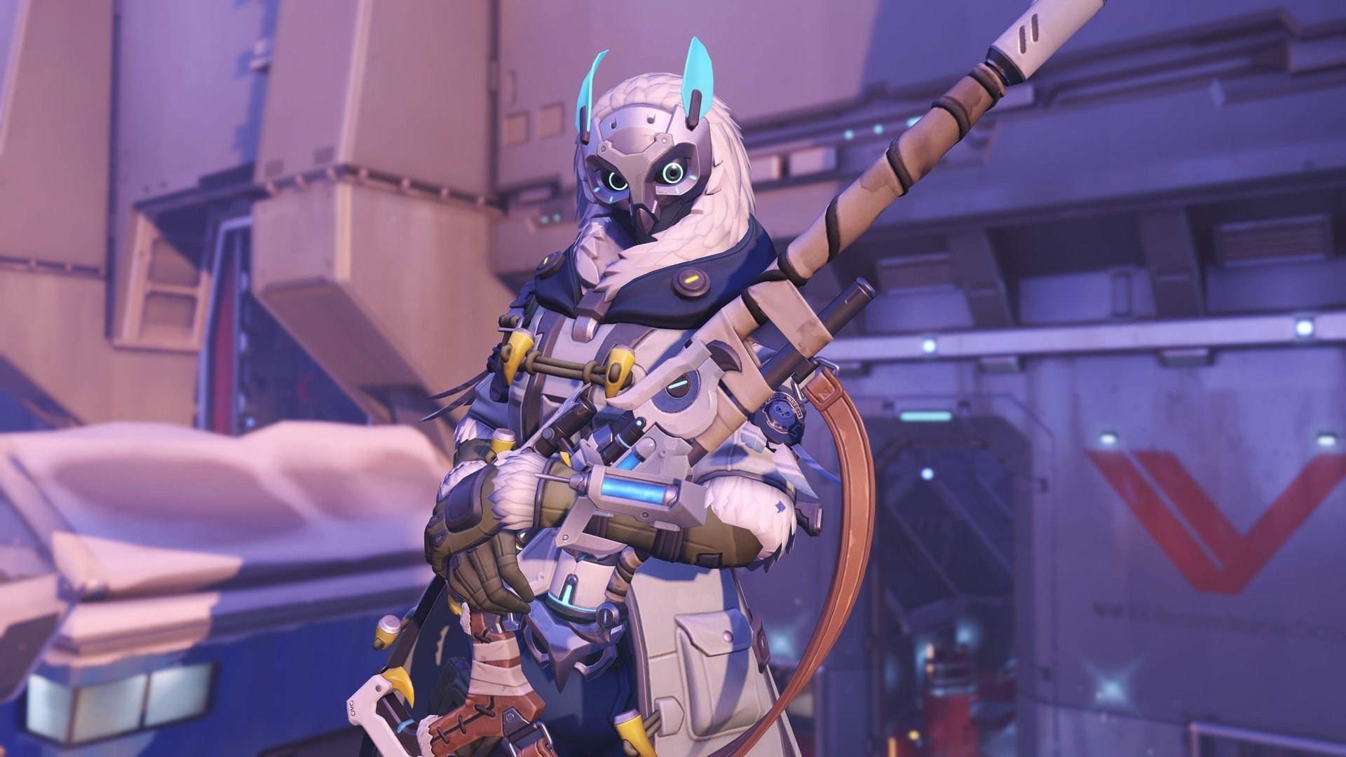 HD PC desktop wallpaper of Ana from the video game Overwatch, showcasing her futuristic armor and sniper rifle in a detailed, vibrant sci-fi environment.