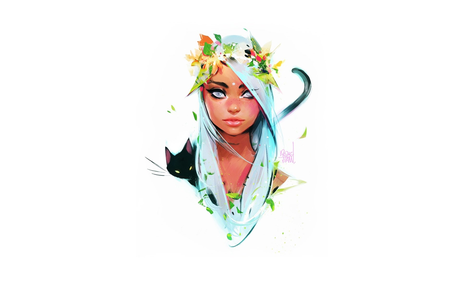 Artistic HD desktop wallpaper of a woman’s face with long white hair and grey eyes, adorned with leaves and a small black cat peeking from her shoulder.