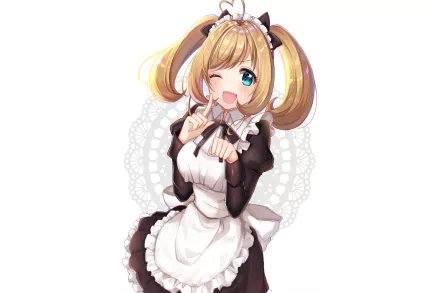 HD anime desktop wallpaper featuring Shin Sato from The iDOLM@STER Cinderella Girls in a maid outfit, winking with a playful pose and bright expression.