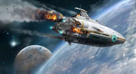 HD desktop wallpaper of the video game Subnautica, featuring a spaceship flying over a planet with damaged engines emitting fiery smoke.