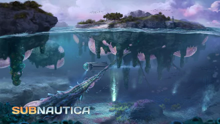 HD PC desktop wallpaper from the video game Subnautica, depicting an underwater scene with floating islands and aquatic life in a vibrant, immersive environment.